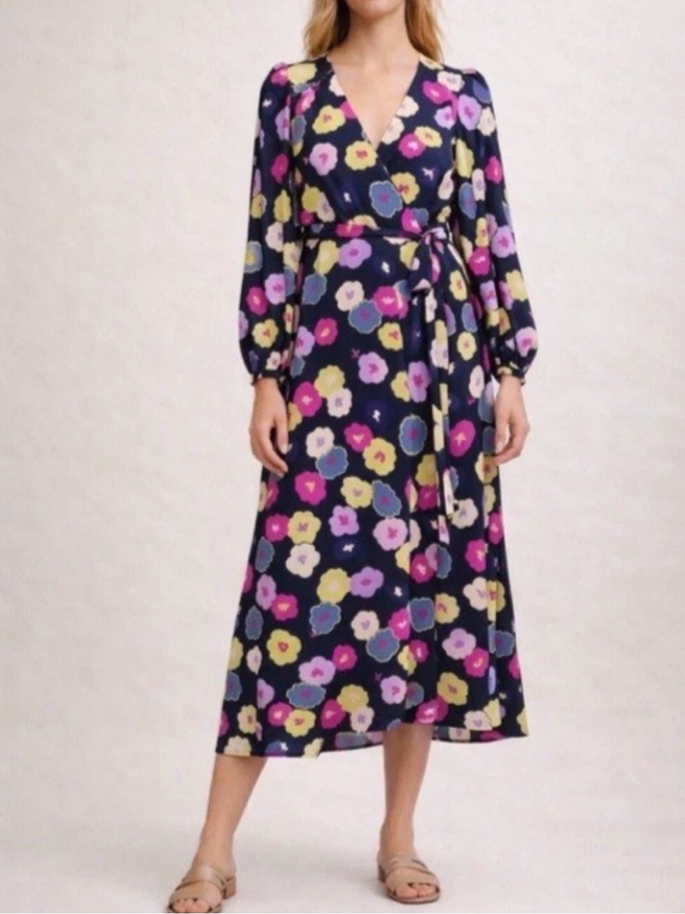 Kate Spade Navy Floral Wrap Midi Dress with Pink and Yellow Blooms